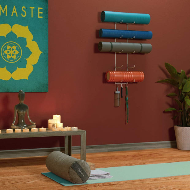 Guru Yoga Mat Holder Wall Mount - 5 Sections with 3 Hooks for Yoga Straps & Resistance Bands