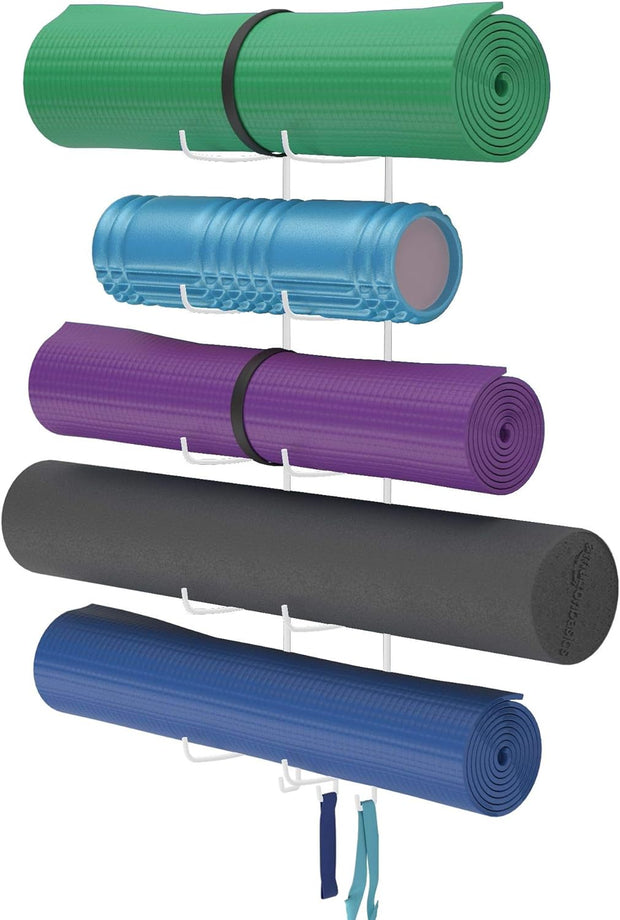 Guru Yoga Mat Holder Wall Mount - 5 Sections with 3 Hooks for Yoga Straps & Resistance Bands