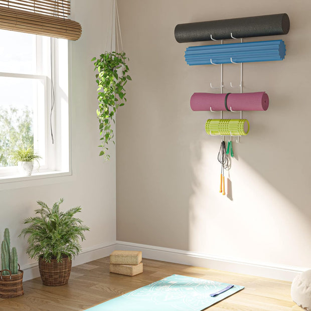 Guru Yoga Mat Holder Wall Mount - 5 Sections with 3 Hooks for Yoga Straps & Resistance Bands