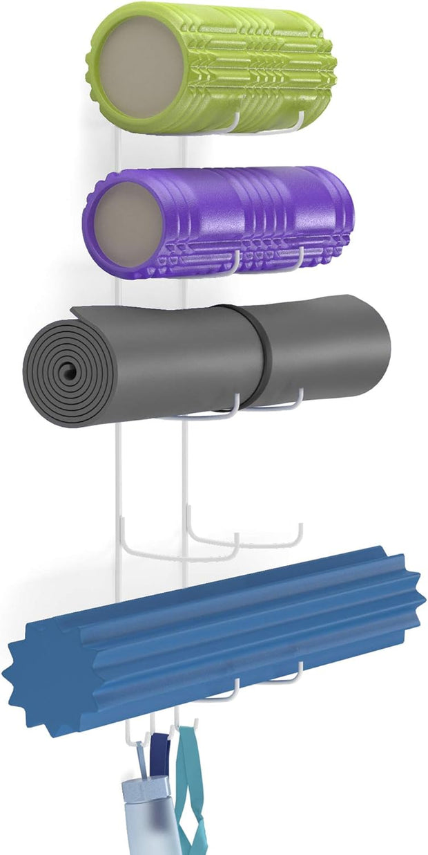 Guru Yoga Mat Holder Wall Mount - 5 Sections with 3 Hooks for Yoga Straps & Resistance Bands
