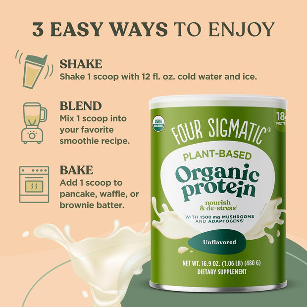 Organic Plant-Based Protein Powder - Unflavored with Lion’s Mane, Chaga, Cordyceps, and More (16.9 Oz)