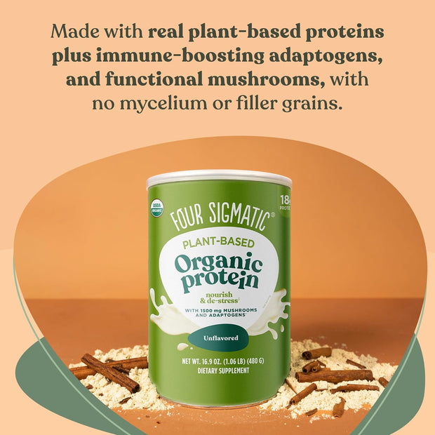 Organic Plant-Based Protein Powder - Unflavored with Lion’s Mane, Chaga, Cordyceps, and More (16.9 Oz)
