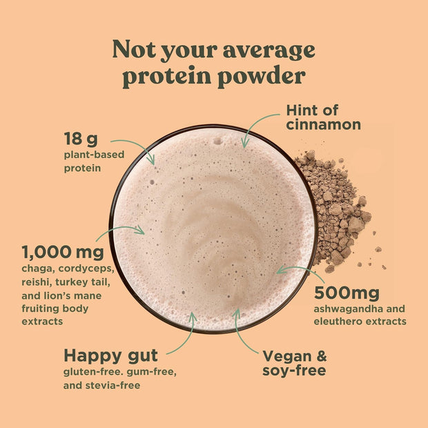 Organic Plant-Based Protein Powder - Unflavored with Lion’s Mane, Chaga, Cordyceps, and More (16.9 Oz)
