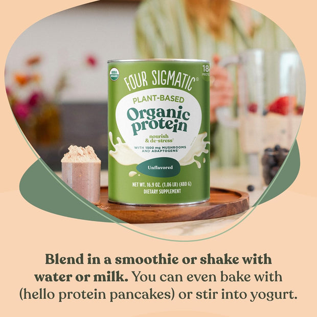 Organic Plant-Based Protein Powder - Unflavored with Lion’s Mane, Chaga, Cordyceps, and More (16.9 Oz)