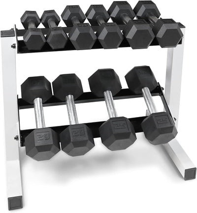 5-25Lb Rubber Coated Hex Dumbbell Set with Two-Tier Storage Rack - Non-Slip Hex Shape for Muscle Toning, Strength Building & Weight Loss
