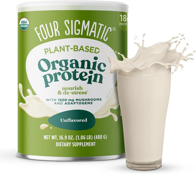 Organic Plant-Based Protein Powder - Unflavored with Lion’s Mane, Chaga, Cordyceps, and More (16.9 Oz)