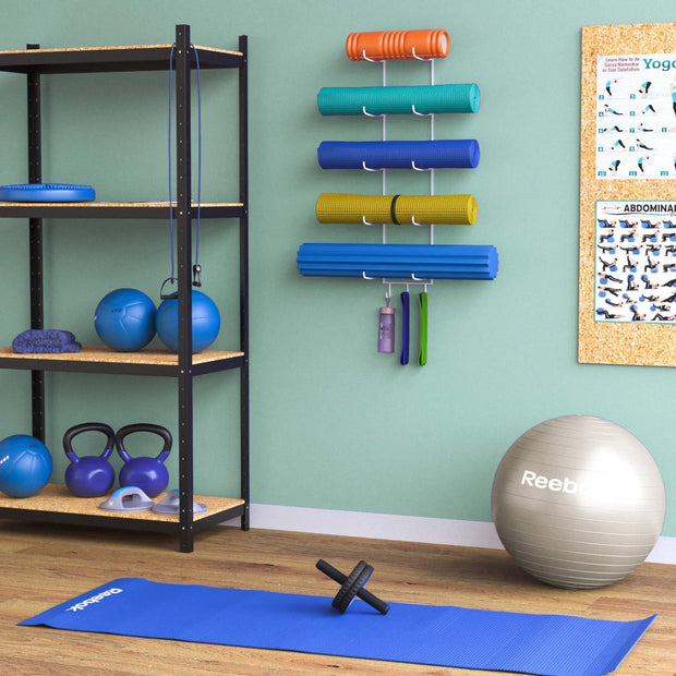 Guru Yoga Mat Holder Wall Mount - 5 Sections with 3 Hooks for Yoga Straps & Resistance Bands